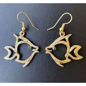 Earrings Angel Fish Dangle Hook Women's Gold Tone Cut Out Green Eyes 1.5"